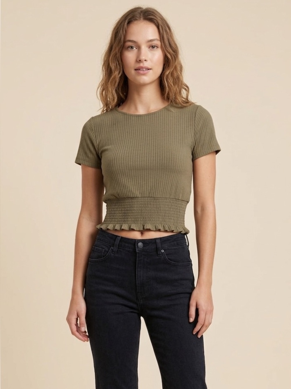 Paper Crane Olive Ribbed Smocked Waist Crop Top